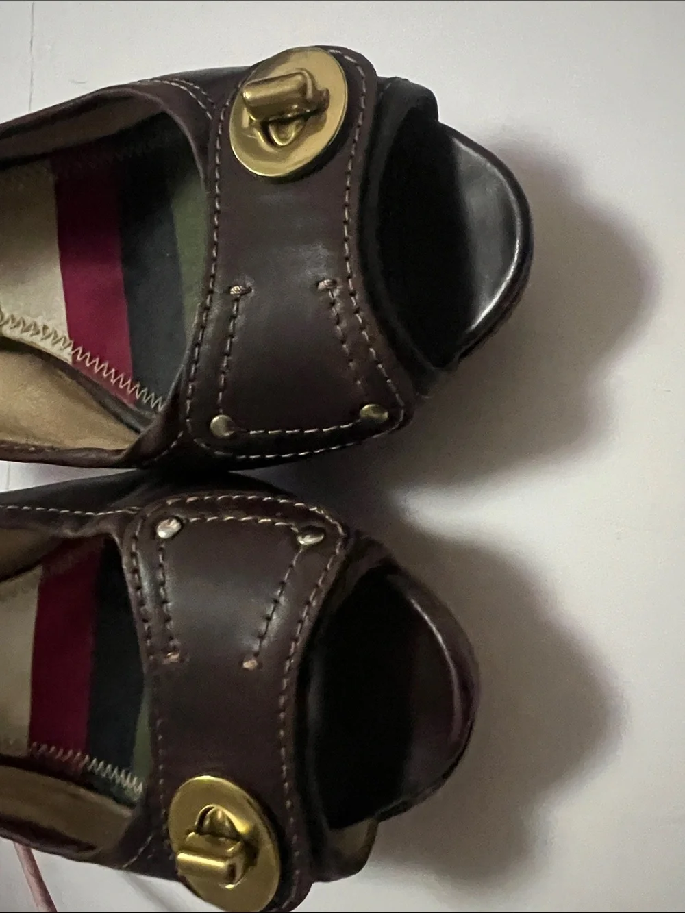 Coach Keira Brown Leather Slingback Heels with Multicolor Striped Insole 8 1/2B